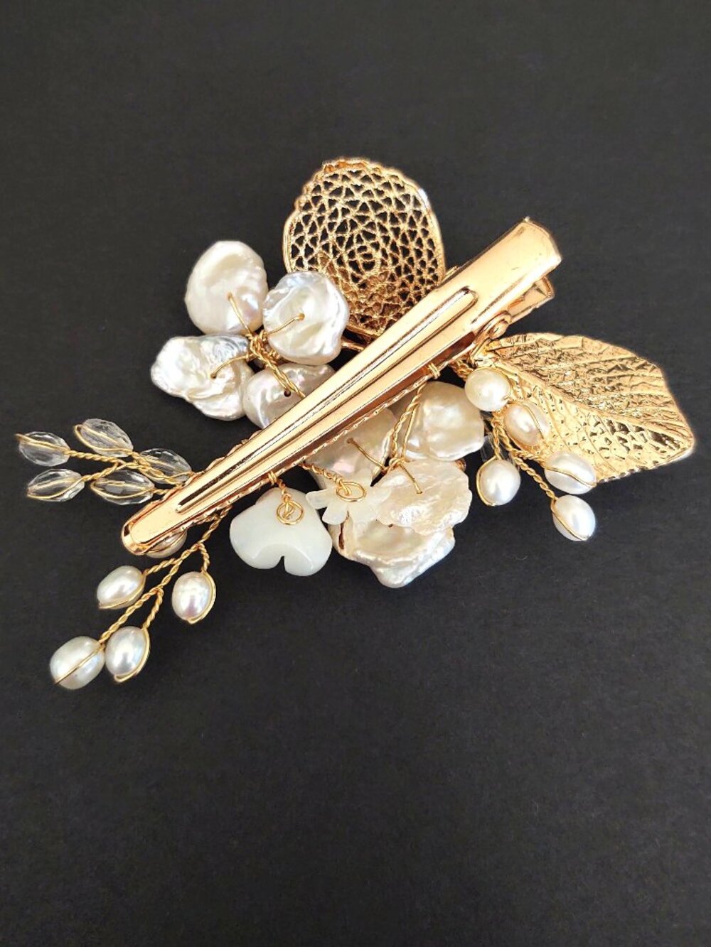 Gold tone, faux pearl, cz and clear bead bridal hair clip